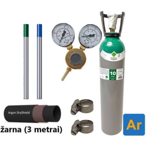 TIG welding accessory set: filled 10 l Argon cylinder, Ar/Co2 reducer, gas hose, tungsten electrodes, clamps