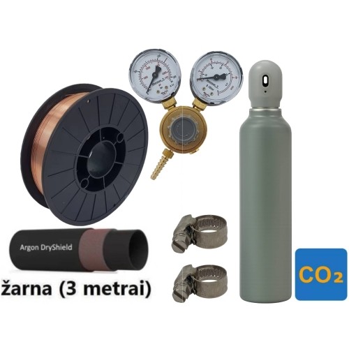 MIG/MAG welding accessory set: filled 8 l CO2 cylinder, Ar/Co2 reducer, gas hose, tungsten electrodes, clamps