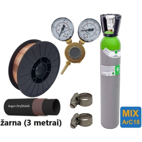 MIG/MAG welding accessory set: filled 8 l ArC18 (MIX) cylinder, Ar/Co2 reducer, gas hose, wire, clamps