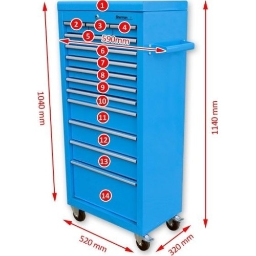 Tool trolley No 7 14 drawers, blue