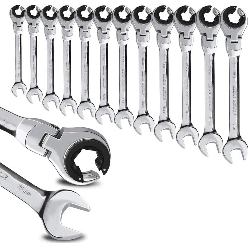 Open combination ratchet spanner with flexible head - 15mm