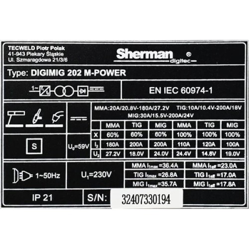 Sinerginis inverterinis suvirinimo aparatas Sherman DIGIMIG 202 M-POWER