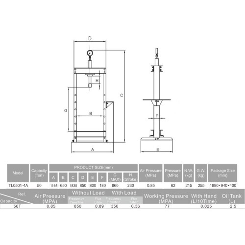 Pneumatic / hydraulic shop press with gauge 50t