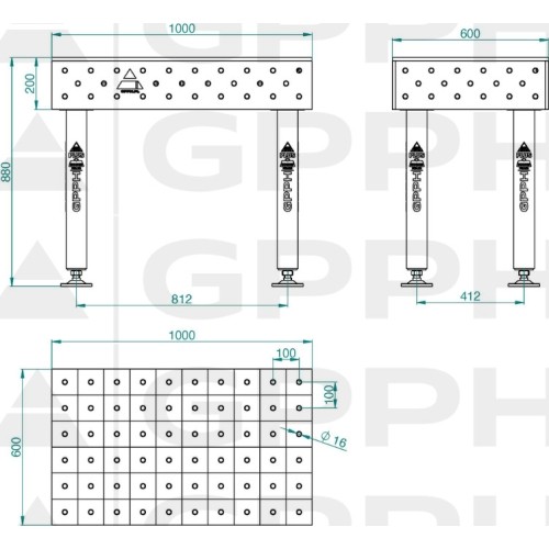 Welding table PRO 15 mm - 1000x1000mm - Φ16 - 50x50mm - On wheels