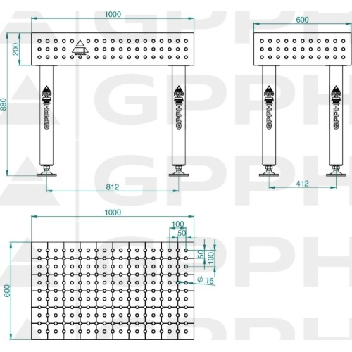 Suvirinimo stalas PRO 15 mm - 1000x600mm - Φ16 - 50x50mm - Ant ratukų