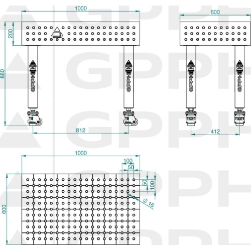 Welding table PRO 15 mm - 1500x1000mm - Φ16 - 50x50mm - On wheels