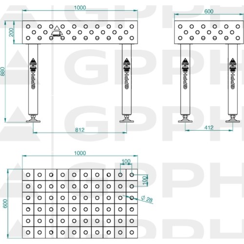Welding table PRO 15 mm - 1200x1200mm - Φ16 - 50x50mm - On feet