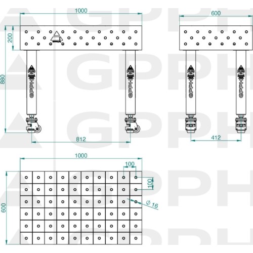Welding table PRO 15 mm - 1200x1200mm - Φ16 - 50x50mm - On feet