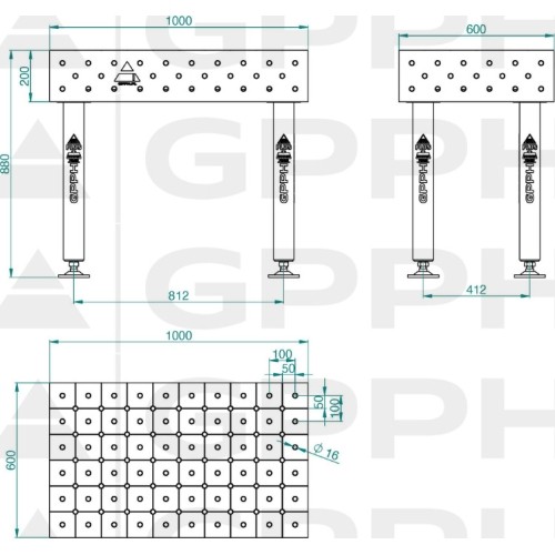 Welding table PRO 15 mm - 1200x1200mm - Φ16 - 50x50mm - On feet
