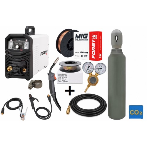 Special offer! FORBY® MIG 210FX LED semi-automatic welder kit (synergic) + 5 l CO2 cylinder with accessories