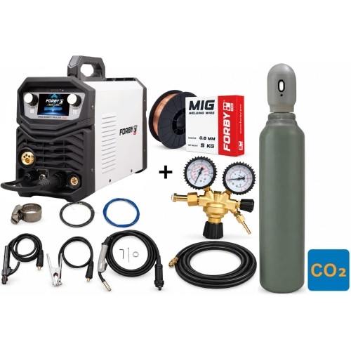 SUPER OFFER! Semi-automatic KIT FORBY® MIG 200PT LCD pulse (200A - 60%) (sinergetic) + CO2 cylinder 8l with accessories