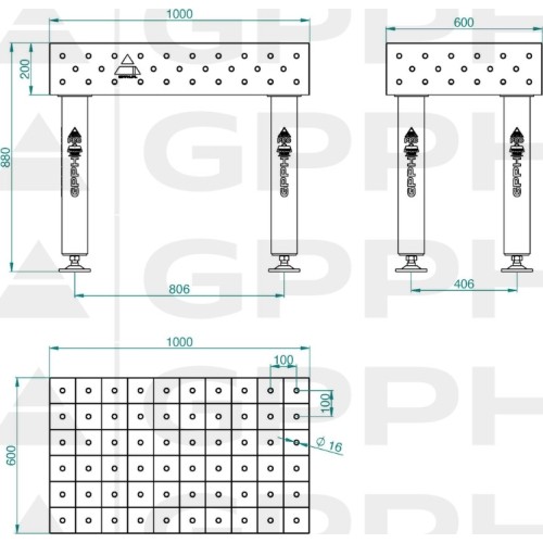 PRO INOX suvirinimo stalas 15 mm - 2000x1000mm - PRO INOX - Φ16 - 50x50mm - Ant ratukų