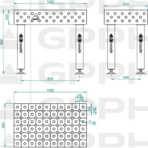 PRO INOX suvirinimo stalas 15 mm - 2000x1000mm - PRO INOX - Φ16 - 50x50mm - Ant ratukų