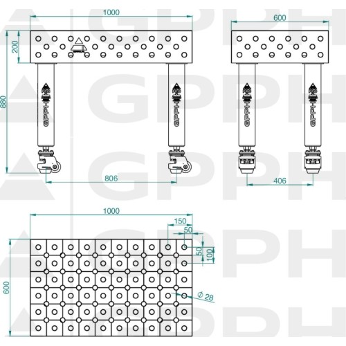 PRO INOX suvirinimo stalas 15 mm - 2000x1000mm - PRO INOX - Φ16 - 50x50mm - Ant ratukų