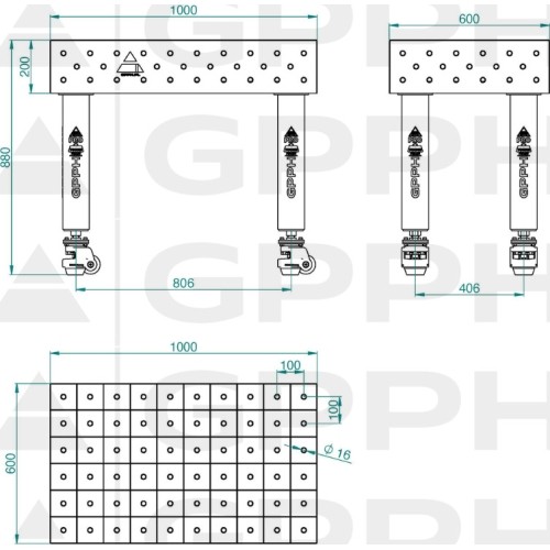 PRO INOX suvirinimo stalas 15 mm - 1000x1000mm - PRO INOX - Φ16 - 50x50mm - Ant kojelių