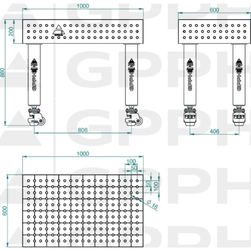 PRO INOX suvirinimo stalas 15 mm - 1000x1000mm - PRO INOX - Φ16 - 50x50mm - Ant kojelių