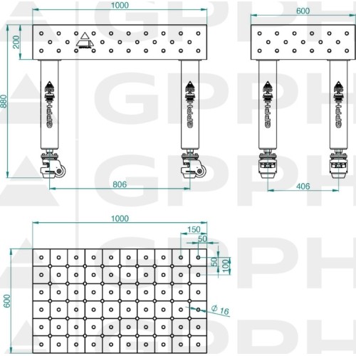 PRO INOX suvirinimo stalas 15 mm - 1000x1000mm - PRO INOX - Φ16 - 50x50mm - Ant kojelių