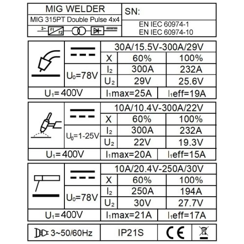 Inverter welding machine 315PT Double Pulse 4x4 (300A - 60%) (three-phase 400V)