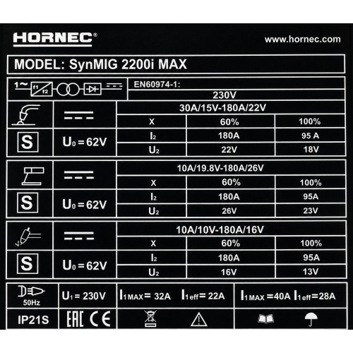 MIG welder kit HORNEC® smart SynMIG 2200i MAX (synergic, welding up to 6 mm) + 8 l CO2 cylinder + accessories