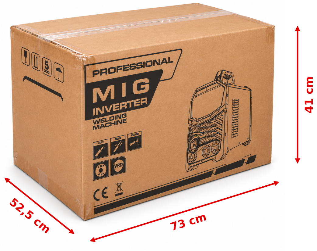 Suvirinimo aparato pakuotės matmenys: ilgis 73 cm, plotis 52,5 cm, aukštis 41 cm
